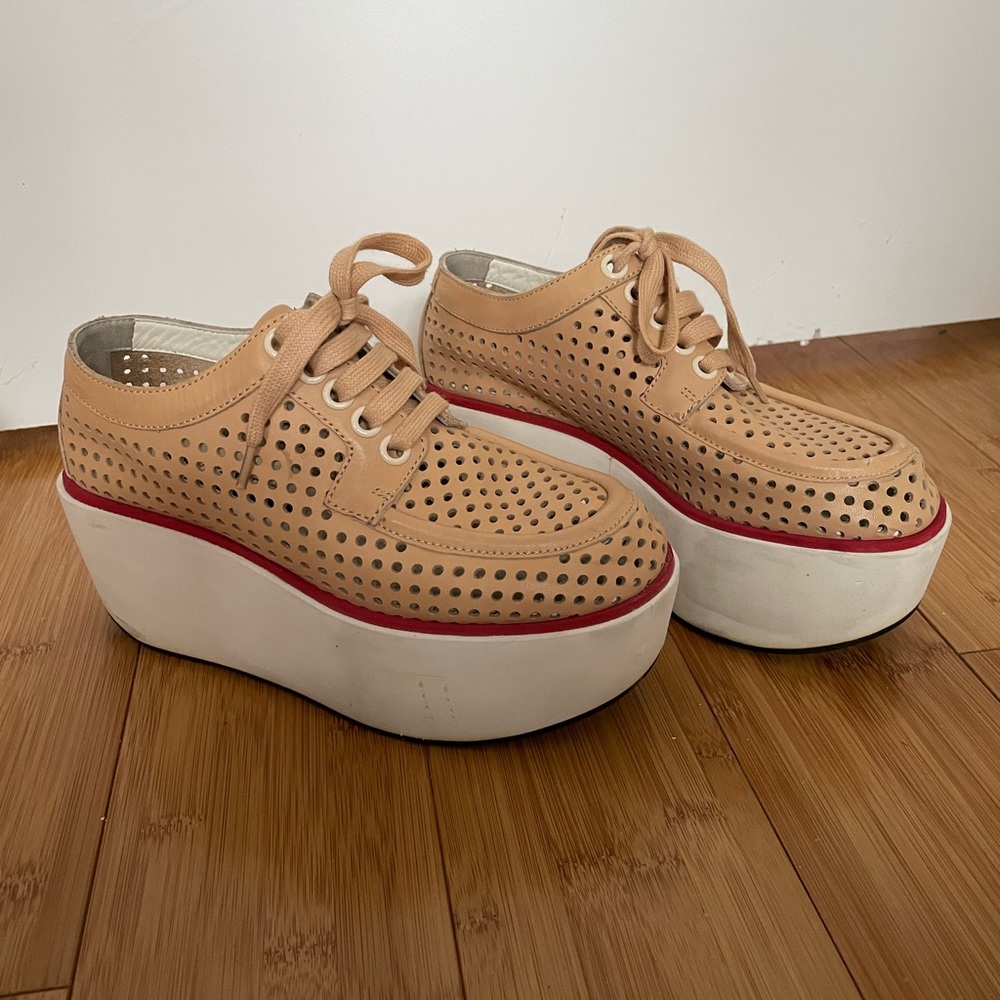 Jil Sander Navy Designer Leather Beige White Platform Perforated Oxford Shoes
